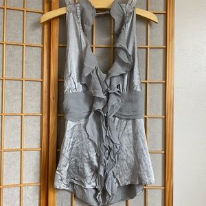Vintage 100% Pure Silk Silver Halter Ruffle Blouse - Medium